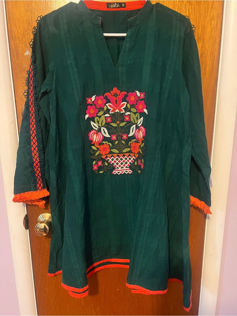 Amirah Green Embroidered Kurta with Orange Trim